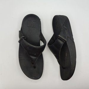 FitFlop womens 8 Black Leather Thong Wedge Sandals AD3-080